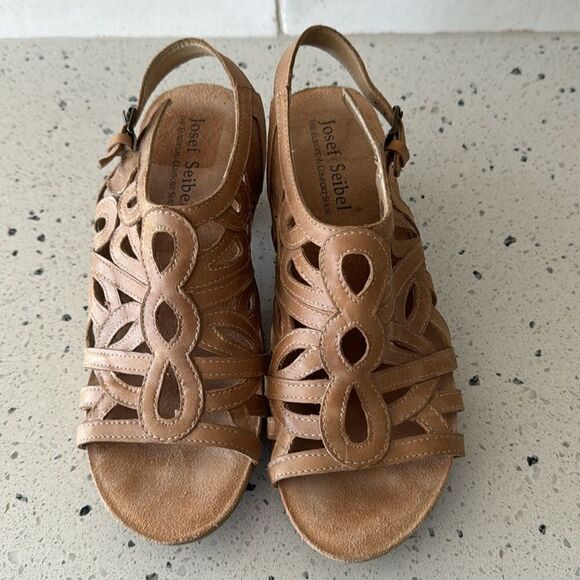 Josef Seibel Women's Ruth Tan Leather Cut Out Open Toe Comfy Sandals Size 40 EUC - Picture 2 of 12